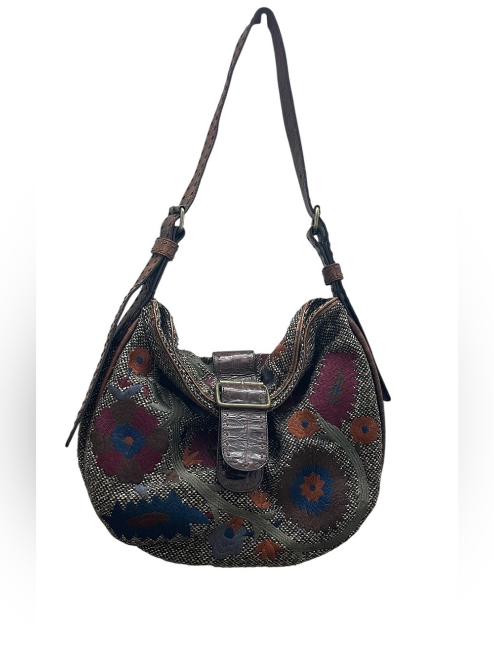 David & Scotti Brown Floral Embroidered Hobo Shoulder Bag